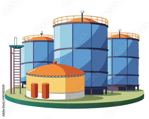 Obraz Vector of large cylindrical oil storage tanks in an industrial zone, isolated on white background.
