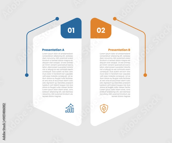 Fototapeta 2 stage infographic diagram opposite comparison with creative shape combination create hexagonal object with two step for slide presentation