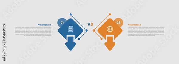 Fototapeta 2 stage infographic diagram opposite comparison with creative diamond shape with arrow bottom direction with two step for slide presentation