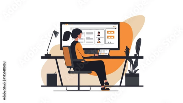 Obraz This vector illustration depicts a young woman sitting at a desk working on a desktop computer. The style is simple and modern with bold colors.
