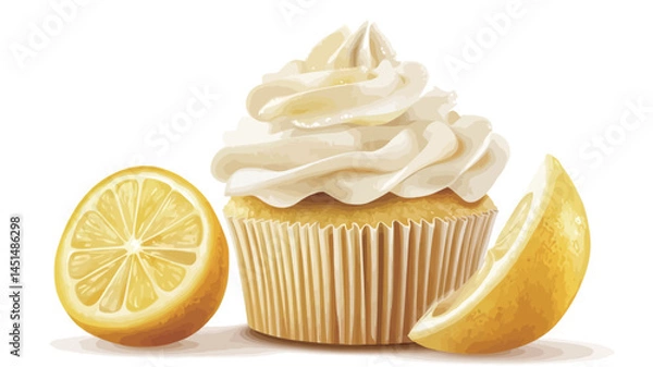 Obraz This digital rendering shows a lemon cupcake decorated with a thick layer of buttercream frosting.