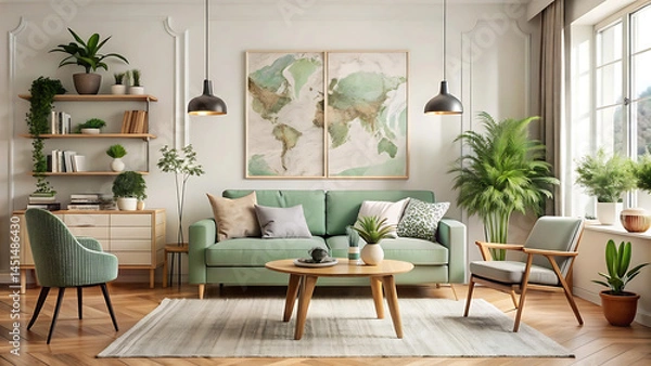 Fototapeta Modern scandinavian styled living room with mint design elements and soft neutral tones