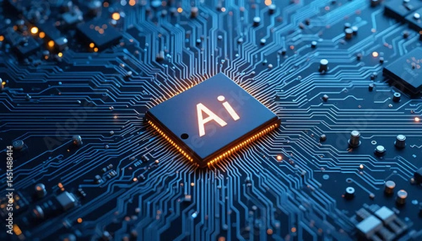 Fototapeta Glowing AI chip on a complex circuit board. Concept: Artificial Intelligence Hardware.

