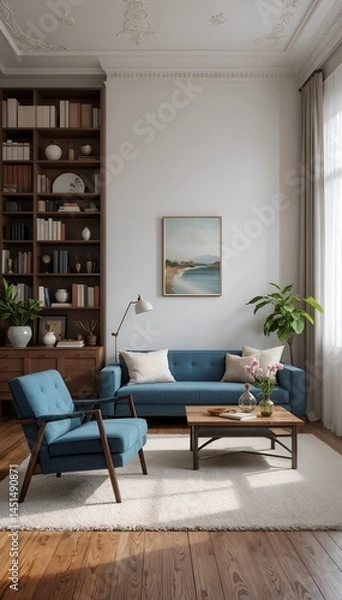 Fototapeta A living room with a harmonious blend of modern design furniture and vintage props 