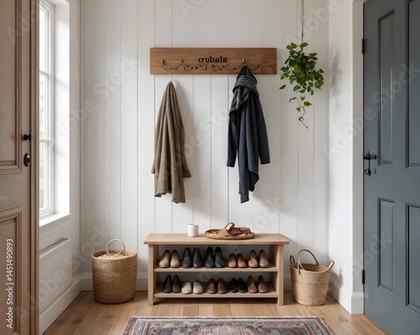 Fototapeta 
Nordic entrance with practical shoe rack and wooden hanger 
