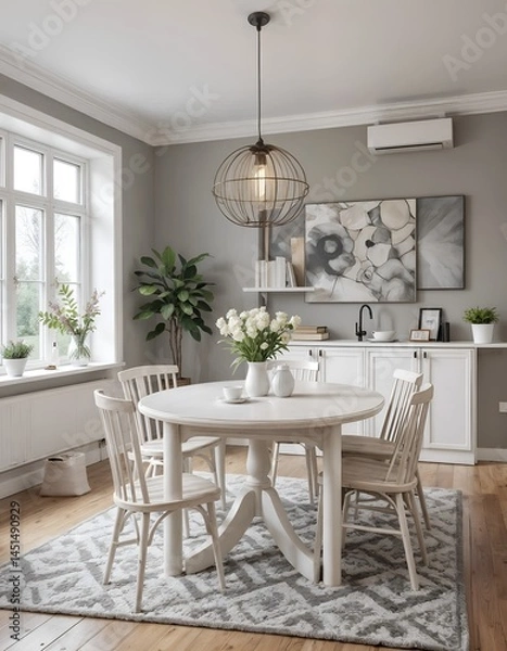 Fototapeta Dining room with white wooden table and Nordic-style lighting
