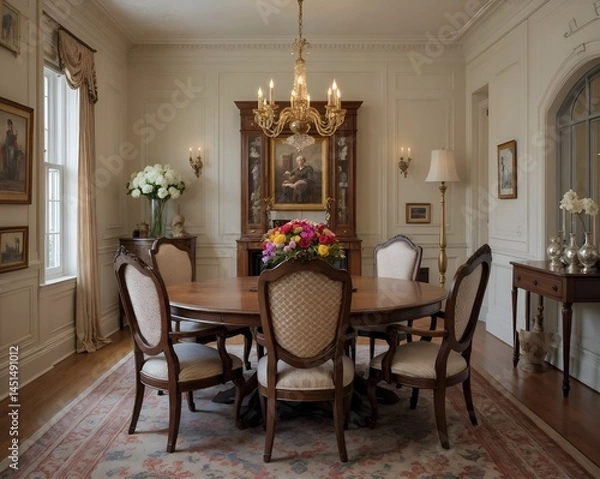 Fototapeta Dining room with round table and classic chairs 
