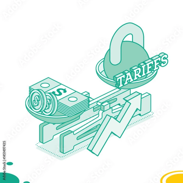 Fototapeta Tariffs symbol weighing down the economy. Balance scales with money and kettlebell. Isometric mechanical scales with coins and paper banknotes. Scales with bowls. Arrow up.