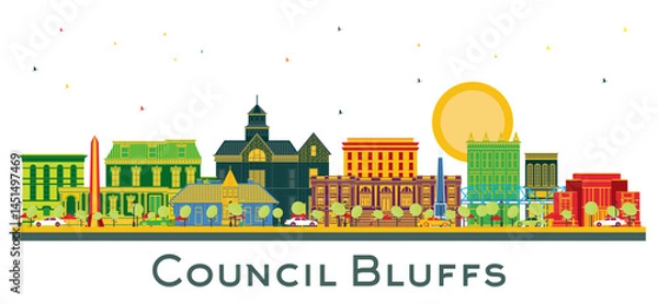 Fototapeta Council Bluffs Iowa Skyline with Color Buildings isolated on white. Business Travel and Tourism concept with Historic Architecture.