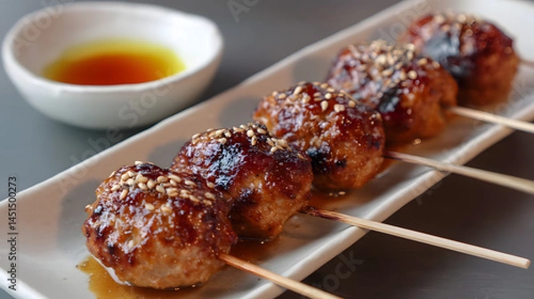 Fototapeta Delicious Japanese Tsukune Skewered Chicken Meatballs with Sesame on Elegant Plate