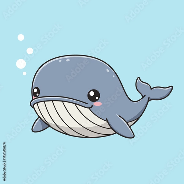 Fototapeta Cute whale swimming playfully in a blue ocean background  