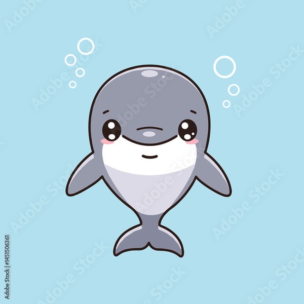 Fototapeta Cute smiling whale cartoon character on a light blue background  