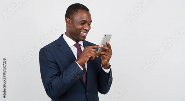 Fototapeta A smiling african american businessman using a smartphone in a suit against a white background