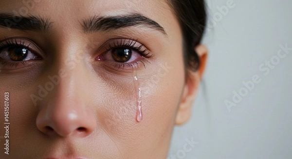 Fototapeta Close up of a woman's face with a tear rolling down her cheek showing emotion and sensitivity