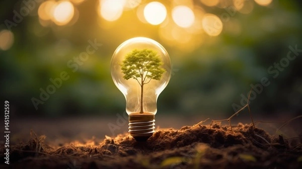 Obraz A tree growing inside a transparent lightbulb, bathed in golden sunlight on fertile soil, symbolizing clean energy and environmental care.