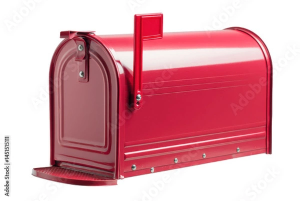 Fototapeta Red mailbox, flag up isolated on transparent png background