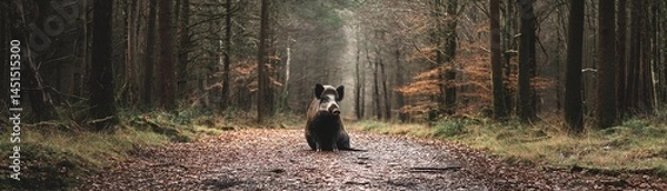 Obraz A dog sitting on a trail in a tranquil autumn forest with soft sunlight filtering through.