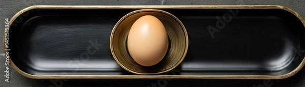 Obraz A brown egg placed in a brass bowl on a black surface.