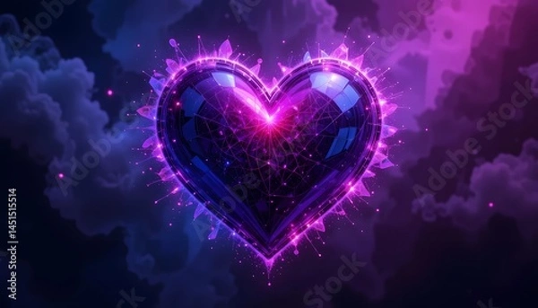 Fototapeta Heart. Black dark deep blue violet purple lilac magenta fuchsia orchid red pink rose abstract geometric background. Noise grain. Color gradient.Bright light fire spot.Glow glitter neon metallic effect