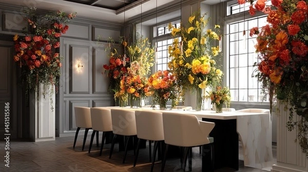 Obraz Elegant dining room adorned with vibrant flowers and stylish decor.