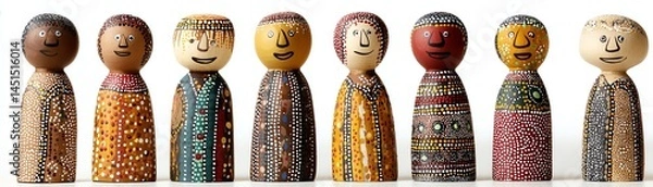 Obraz Colorful wooden dolls with diverse patterns and smiles on a white isolate background.