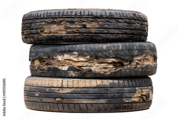 Fototapeta Stacked, worn-out tires isolated on transparent png background