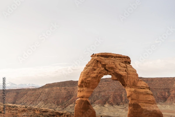Obraz A close up view of Delicate Arch in Arches National Park, Utah, with a bird flying beneath the sandstone arch against the backdrop of red rock cliffs and desert terrain