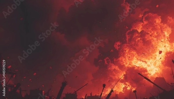Fototapeta Fiery red dramatic sky. Fire, war, explosion, catastrophe, flame. Horror concept. Web banner. Bloody red background with copy space for design.
