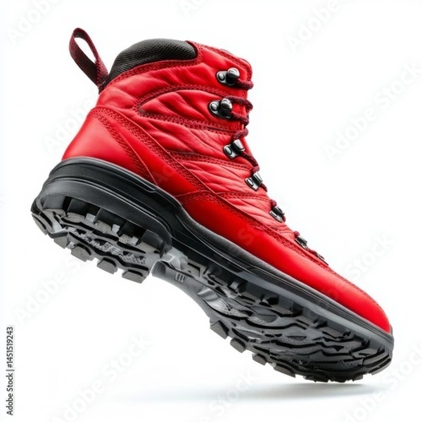 Fototapeta Side view of red trail running shoe or trekking boot 