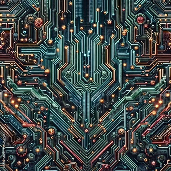 Fototapeta Tightly knit neon circuit patterns form