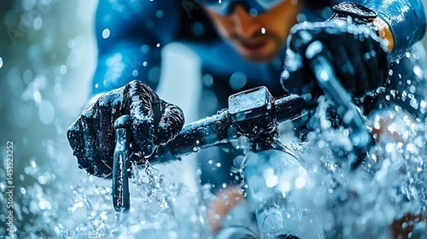 Fototapeta Athlete in Action: A determined athlete battles the elements, braving the torrential downpour and dominating the cycling terrain.