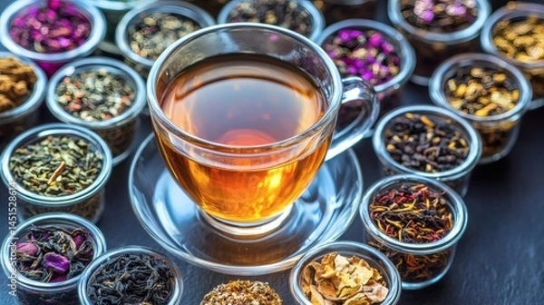 Obraz Aromatic Tea Selection Cup of brewed tea surrounded by various dried tea leaves.  Perfect for beverage websites