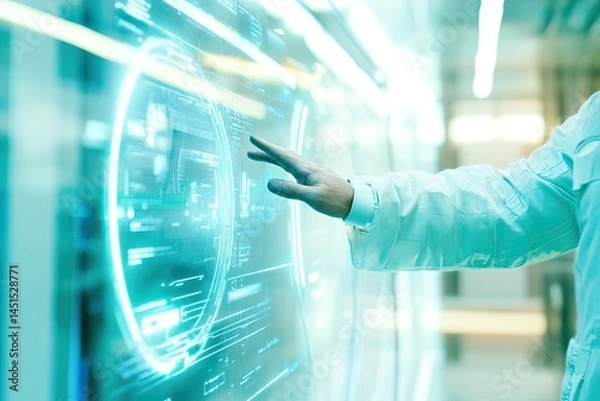 Fototapeta Futuristic interface, scientist interacts with holographic display
