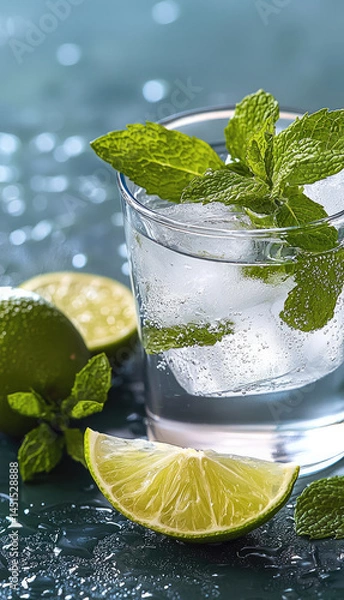 Obraz Refreshing mojito cocktail with ice, lime wedge, and fresh mint leaves in clear glass, condensation on glass, vibrant and cool summer drink