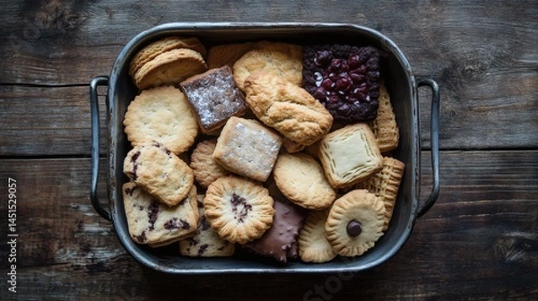 Obraz Assorted cookies in a metal tray on wooden table
