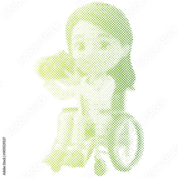 Fototapeta A woman sitting in a wheelchair is taking a photo cartoon retro halftone modern