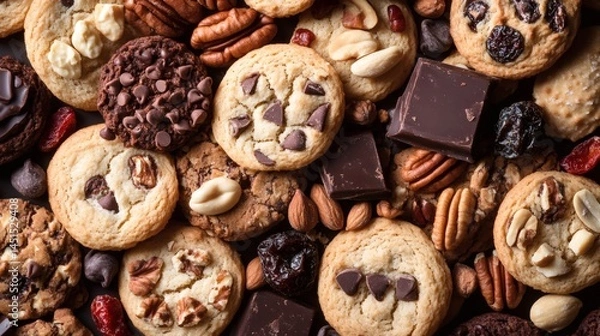 Obraz Assorted cookies, nuts, and chocolate; delicious baked goods background for recipe or food blog