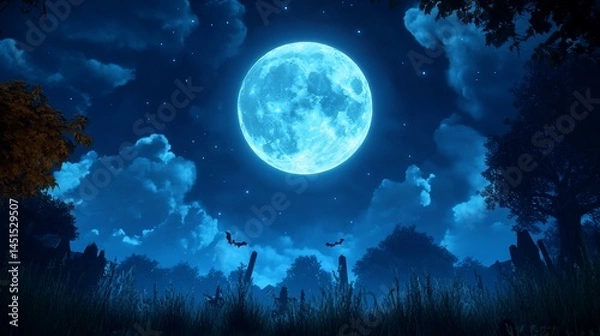Obraz Mystical night scene with a large, vibrant blue moon