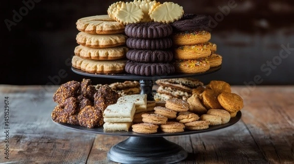 Obraz Assorted cookies on tiered stand, wooden table, dark background; perfect for food blogs