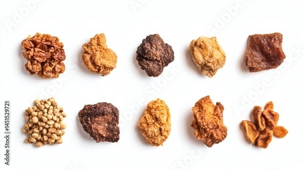Obraz Assorted fried snacks, food photography, white background, overhead shot, website or recipe use