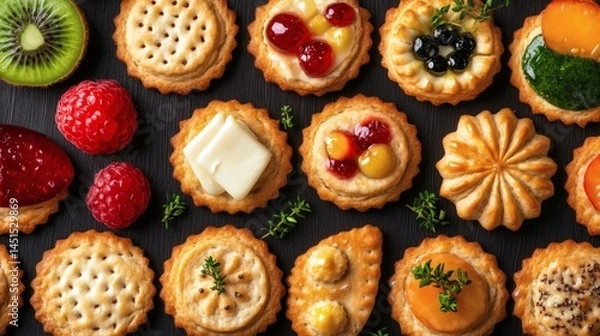 Obraz Assorted fruit tarts, dark background, food photography, recipe website