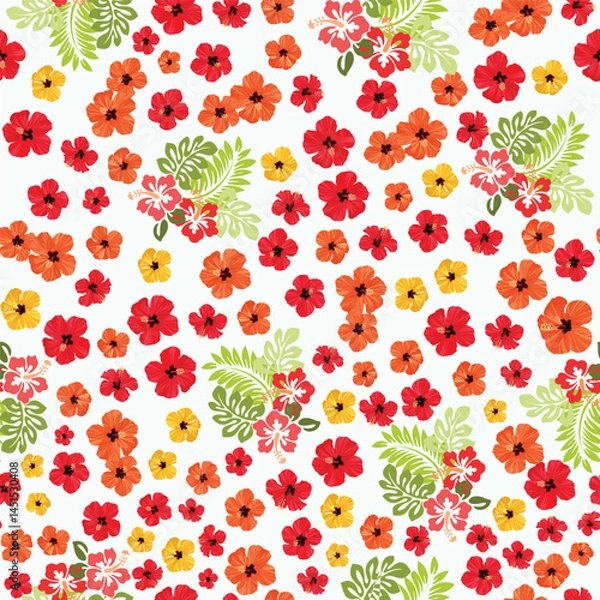Fototapeta Vibrant seamless pattern featuring scattered hibiscus flowers in red, orange, and yellow with green leaves on a white background. Offers a cheerful, tropical feel ideal for summer designs.
