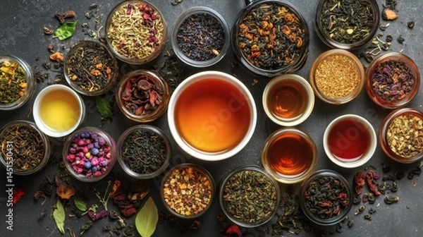 Obraz Assorted Teas, Brewing, Top View, Dark Background, Drink Selection