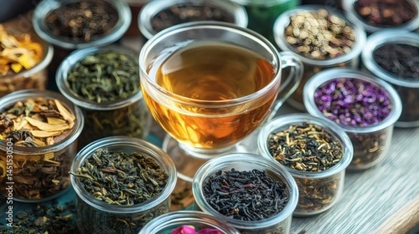 Obraz Assorted Teas, Brewing, Wooden Tray, Cozy Setting, Perfect for Tea Blogs