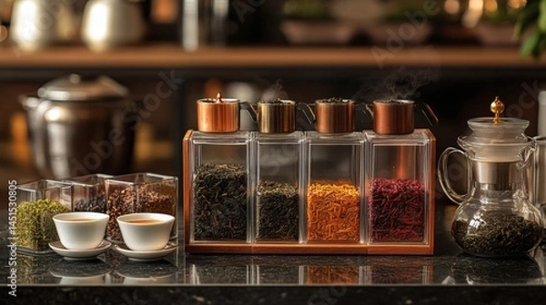 Obraz Assorted teas displayed in cafe, steaming cup, kitchen background