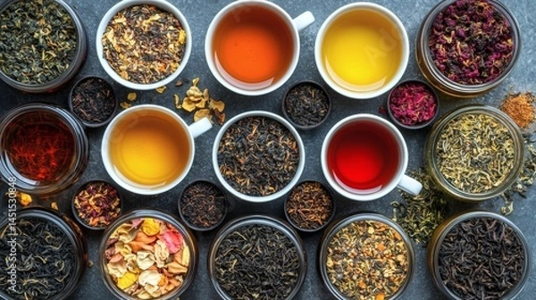 Obraz Assorted teas, cups, leaves, overhead view, grey background; food blog, website