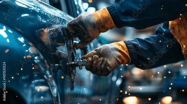 Obraz Auto body repair, worker welding, sparks flying, factory background, industrial imagery