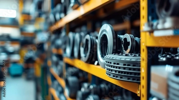 Obraz Auto parts warehouse shelves, inventory management, industrial storage, background blurred