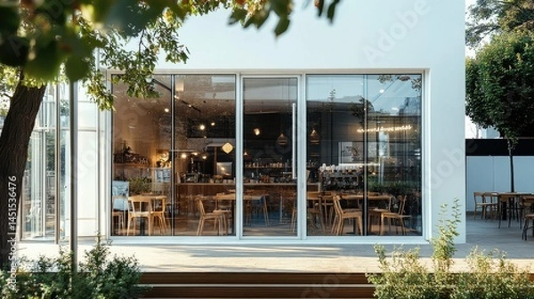 Fototapeta White-walled cafe facade with transparent glass panels, exuding simplicity, modernity, and elegance in daylight