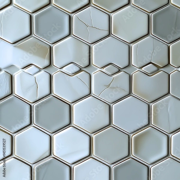 Fototapeta Geometric Harmony: A close-up view of a striking, hexagon-patterned tile surface, showcasing the interplay of light and shadow across the cool, textured facets.